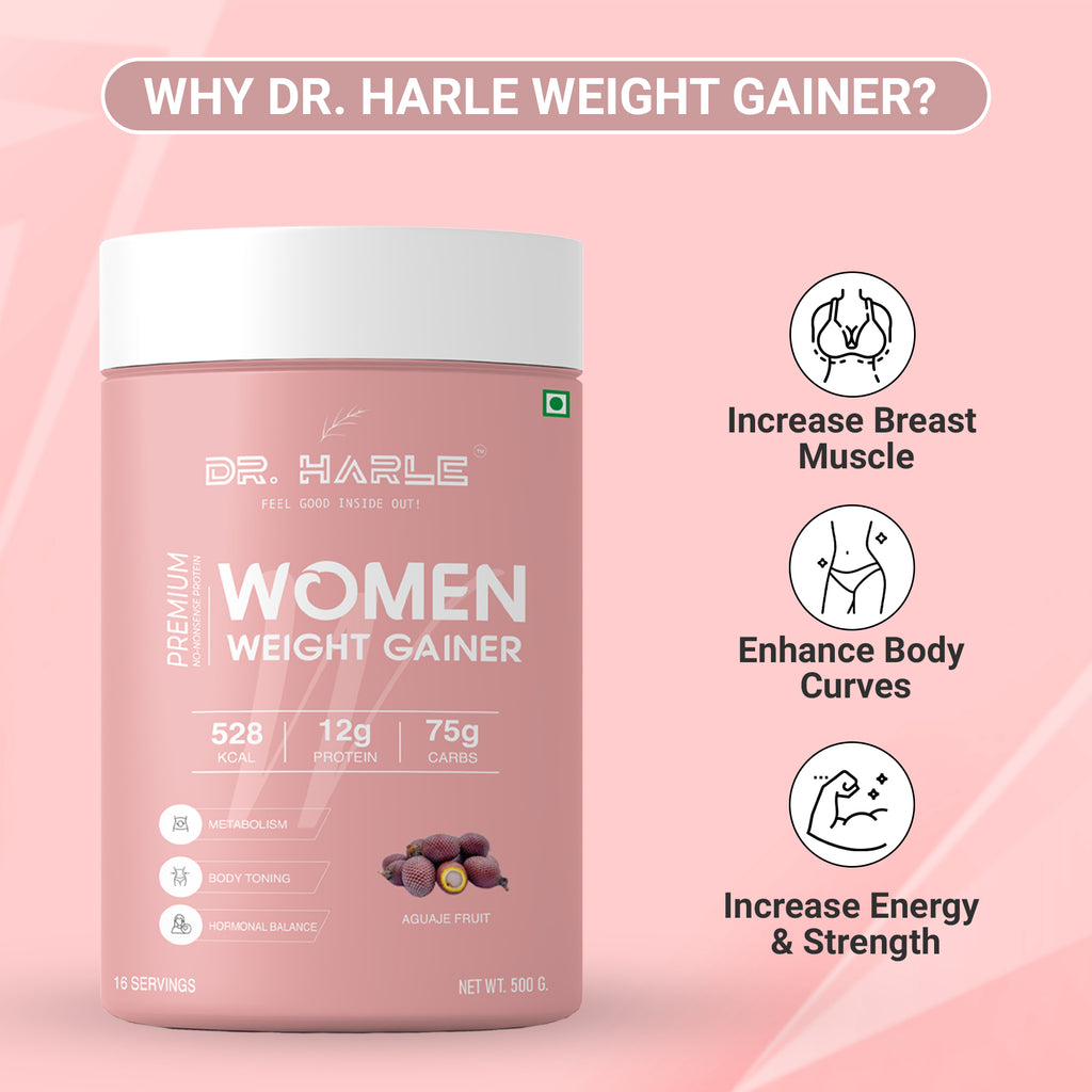 DR. HARLE Weight Gainer for Women with Aguaje Fruit Extract, 25+ Vitamins & Minerals | Curve & Muscle Enhancing Mass Gainer Supplement – Belgian Chocolate Flavor, 500g Weight Gain Protein Powder for Females