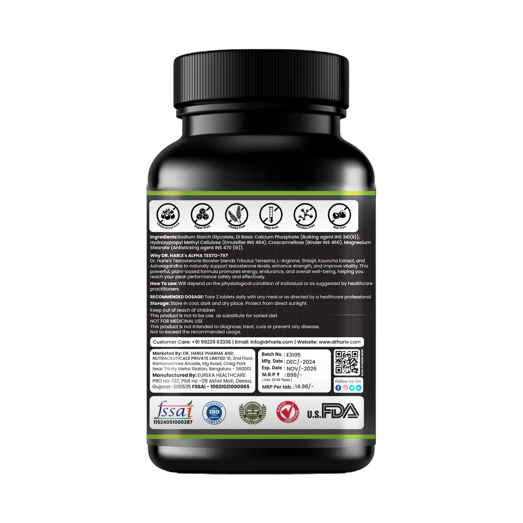 DR. HARLE Testo 7X Testosterone Booster for Men with Shilajit/Shilajeet, Tribulus, Ashwagandha, L-Arginine & Kaunch Beej | 15 Powerful Herbs Support for Enhanced Performance & Stamina - 60 Veg Tablets