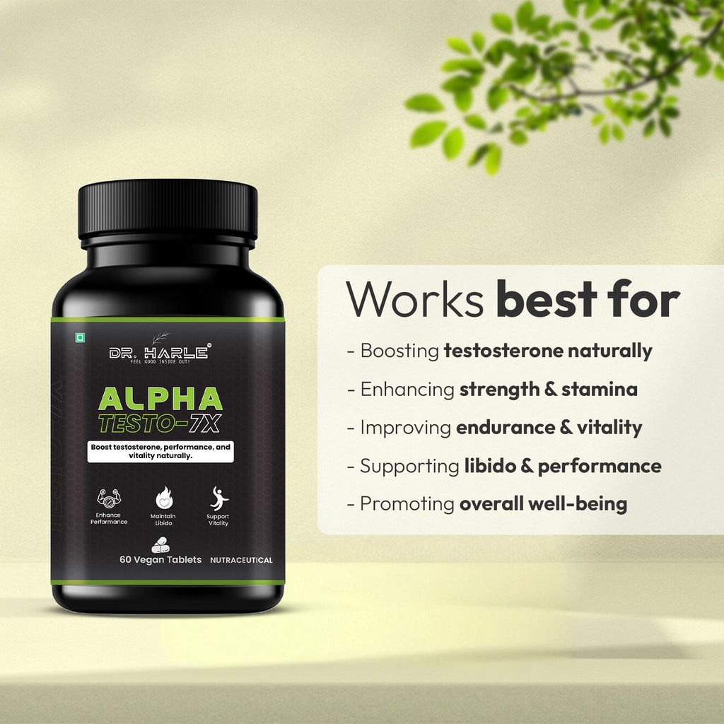 DR. HARLE Testo 7X Testosterone Booster for Men with Shilajit/Shilajeet, Tribulus, Ashwagandha, L-Arginine & Kaunch Beej | 15 Powerful Herbs Support for Enhanced Performance & Stamina - 60 Veg Tablets