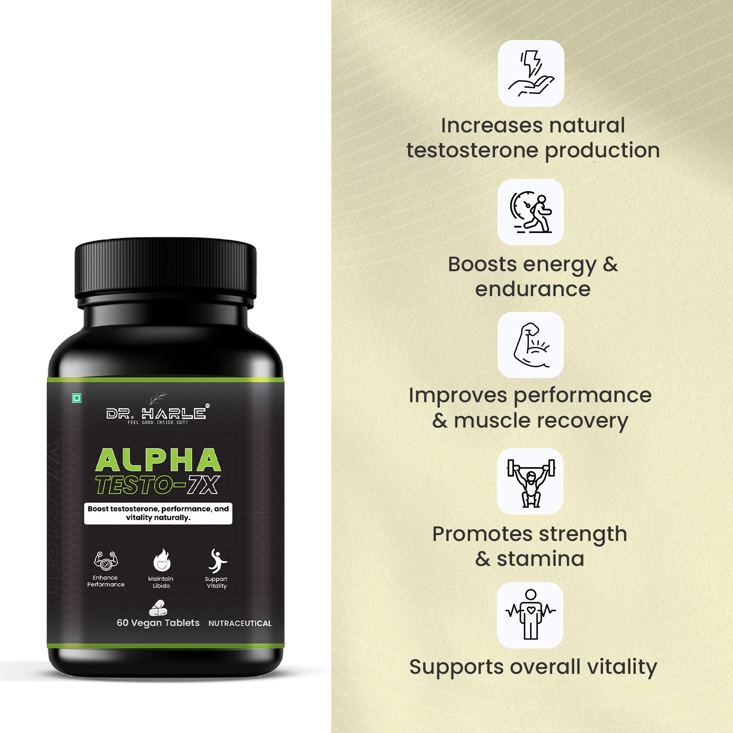 DR. HARLE Testo 7X Testosterone Booster for Men with Shilajit/Shilajeet, Tribulus, Ashwagandha, L-Arginine & Kaunch Beej | 15 Powerful Herbs Support for Enhanced Performance & Stamina - 60 Veg Tablets