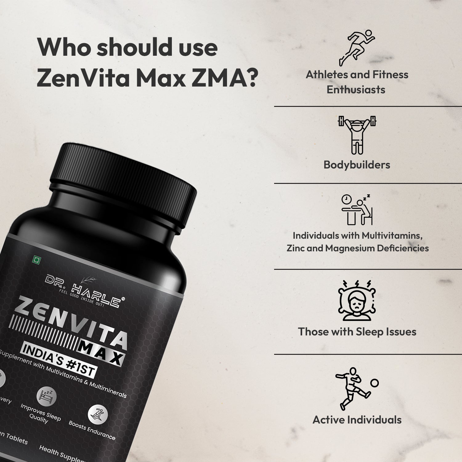 DR. HARLE ZenVita Max India's Only ZMA Supplement for Men & Women with Multivitamins, Minerals, and L-Lysine | Zinc Magnesium Tablets for Muscle Recovery, Sleep Support, Immunity & Endurance - 60 Tablets