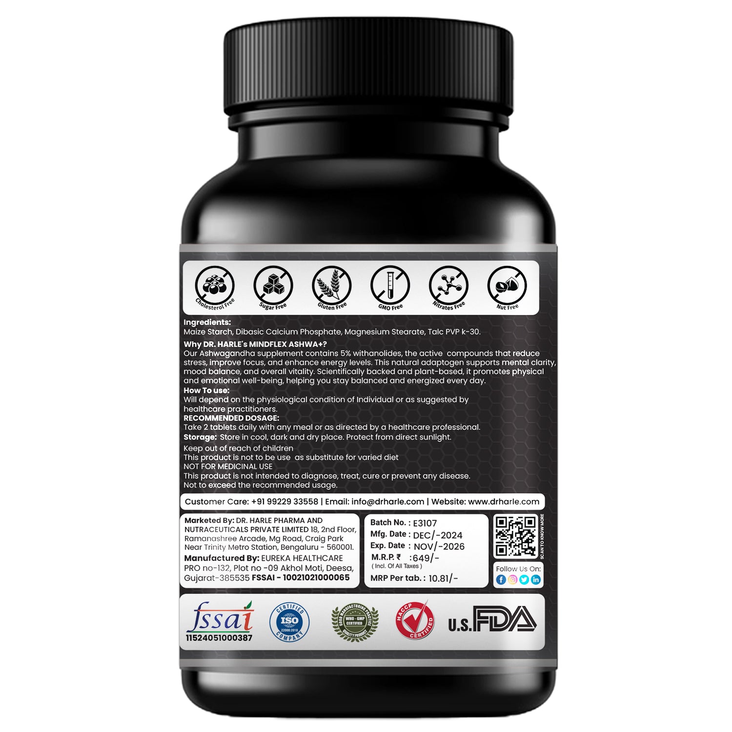 DR. HARLE MindFlex Ashwa+ | Ashwagandha Supplements for Stress Relief, Immunity, Vitality & Mental Clarity | Ashwagandha Tablets with 9 Himalayan Herbs | Natural Adaptogen Formula – 60 Tablets