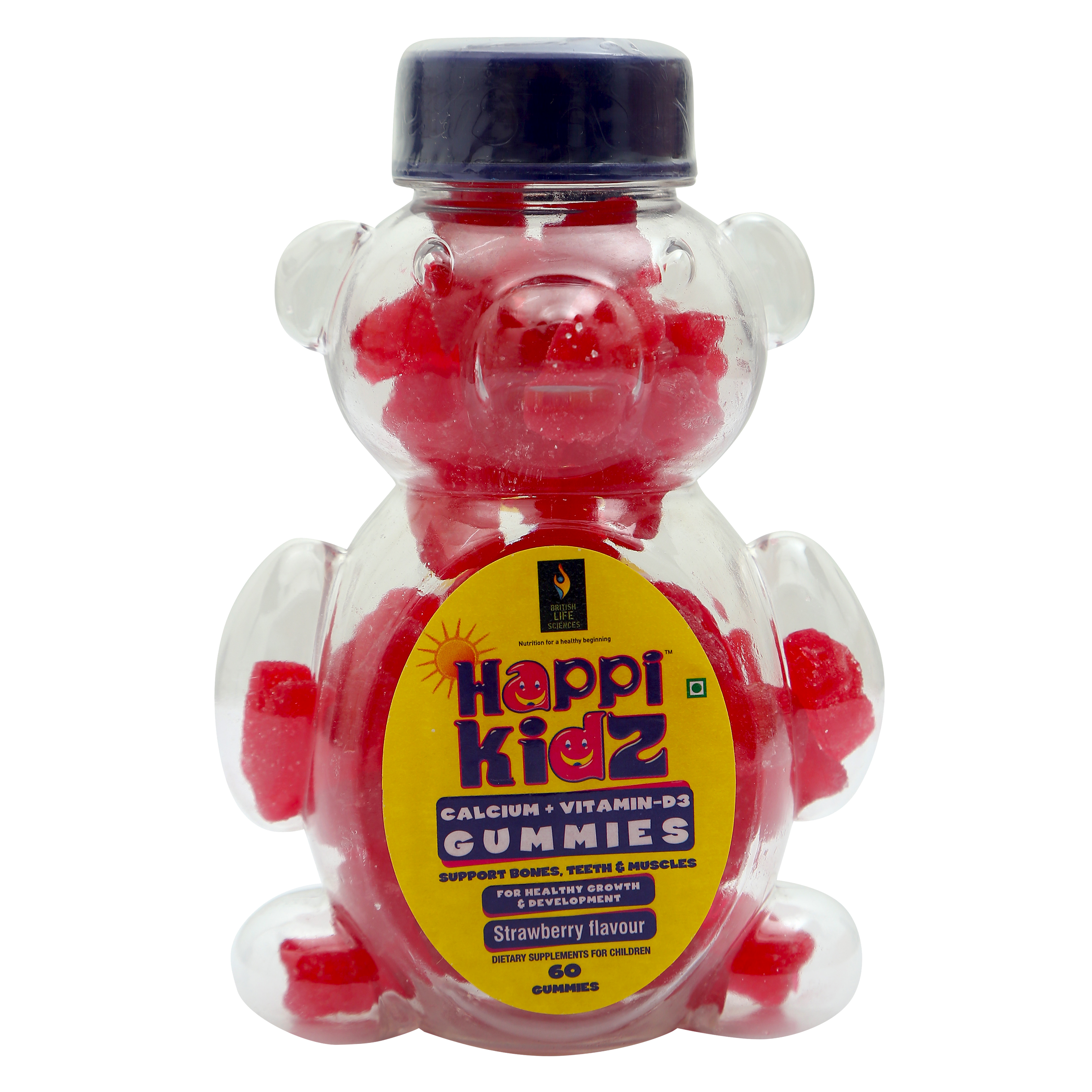 Happi Kidz Calcium + Vitamin D Gummies For Kids (60 Count Gummy Bears) - Kids Nutrition, Bones And Teeth, Boosts Immunity - Strawberry - British life sciences
