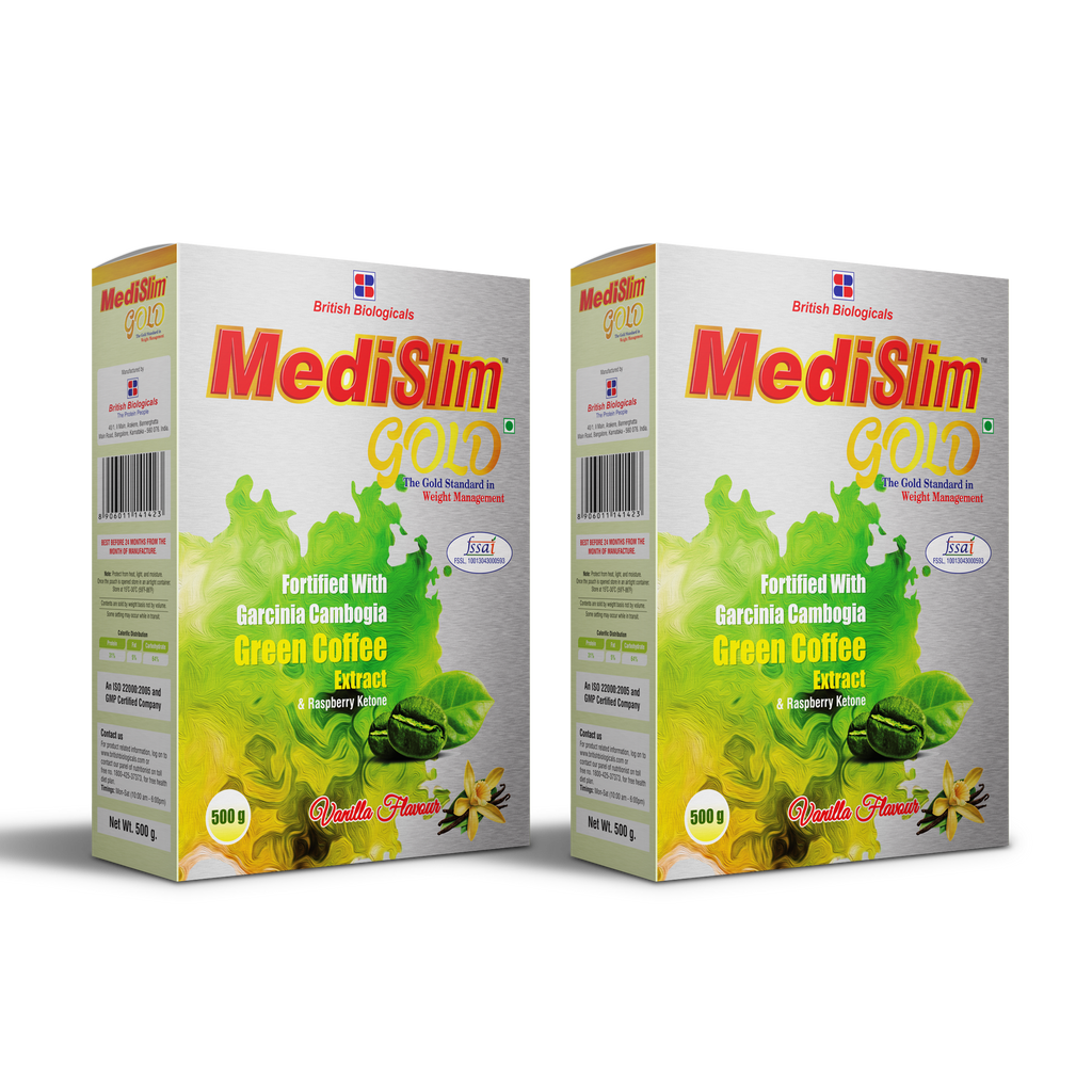 Medislim Gold Meal Replacement Shake For Weight Management - 500 GM - Sugar-free, Cholesterol-free, Zero Trans-fat, Gluten-free Drink with (Goodness of Garcinia Cambogia, Raspberry, Ketone) - BRITISH BIOLOGICALS. (Pack of 2)