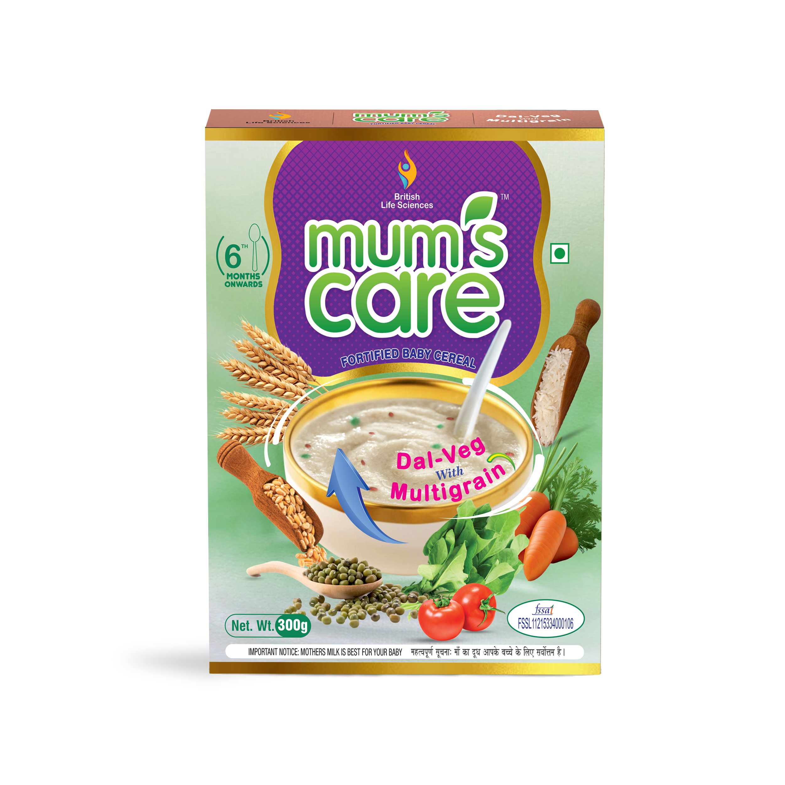 Mums Care Dal Veg Multigrain Baby Cereal – Nutritious & Delicious Instant Food for Growing Babies Rich in Iron, Calcium & Protein | NO Added Colours & Flavours | 300g | 6 month Onwards