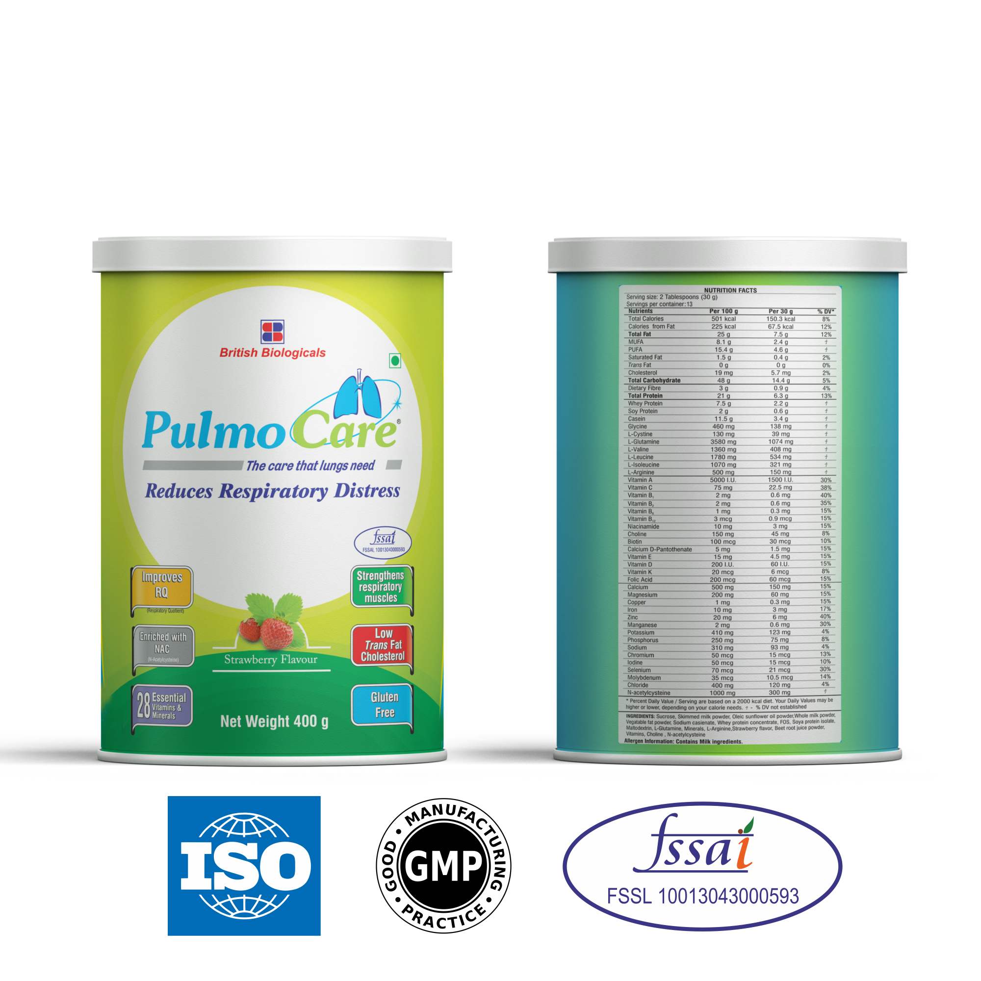 British Biologicals Pulmocare Powder-Strawberry Flavour|For Asthma, Copd, Pulmonary Tuberculosis|Gluten Free-400 G (Pack of 2)