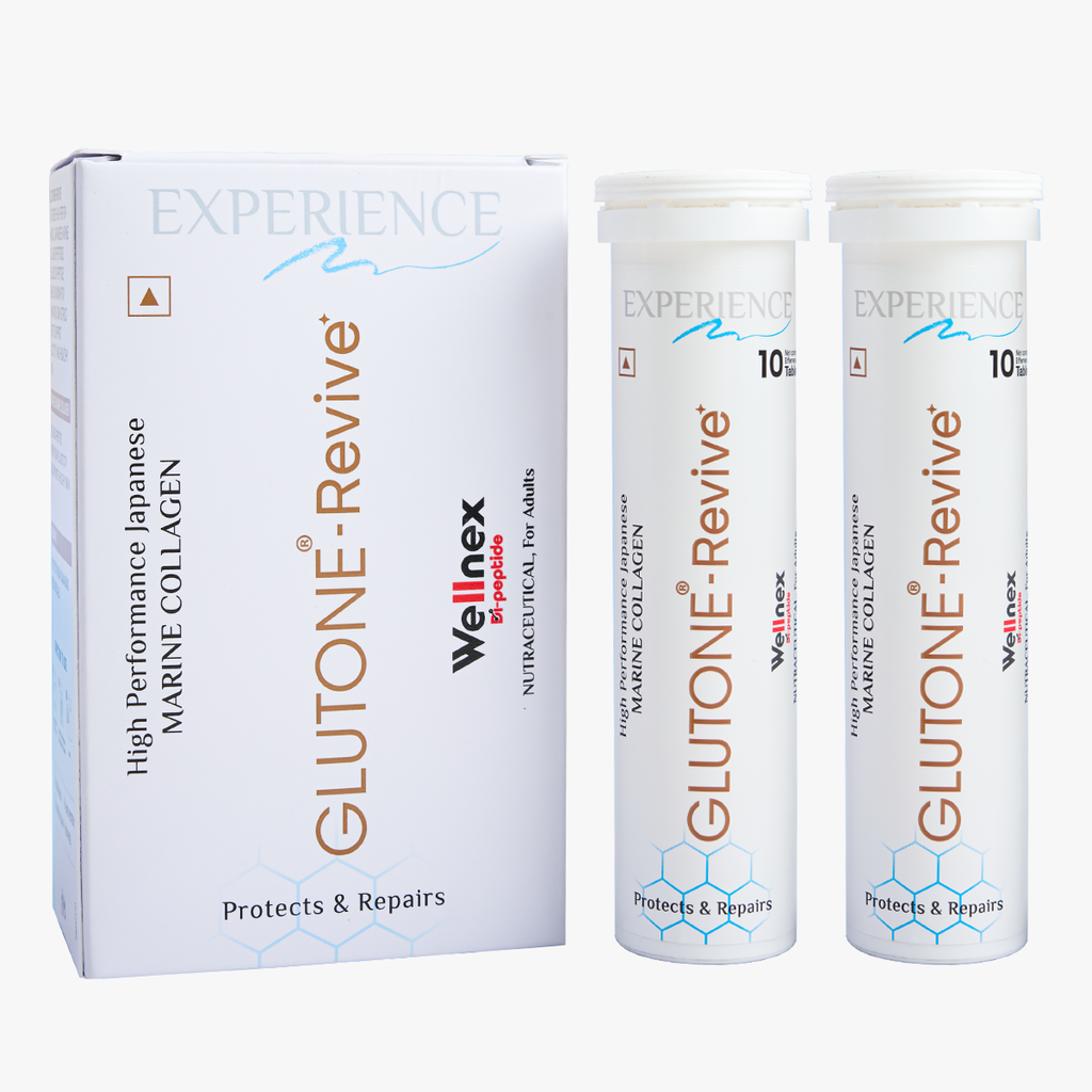 Glutone-Revive Effervescent Collagen Tablets – 2500 mg Wellnex Di-Peptide Marine Collagen|Supports Skin Hydration, Elasticity, Smooth Texture | For Men & Women | 20 Blueberry Flavour Tablets