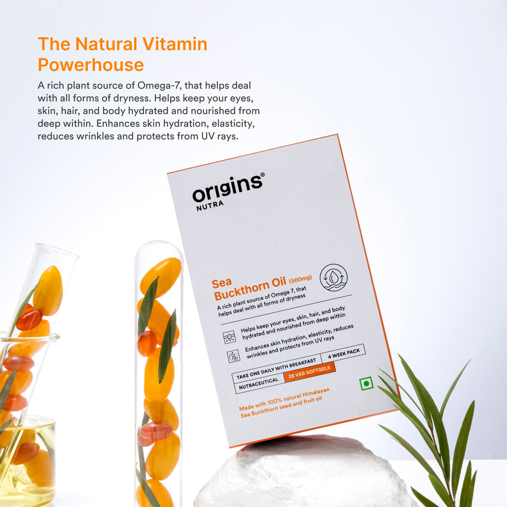 Origins Nutra Sea Buckthorn Oil |Reduce Wrinkles & Pigmentation, Supports Skin Hydration & Elasticity | Sea Buckthorn Oil | GMP Certified | For Men & Women | 28 Capsules
