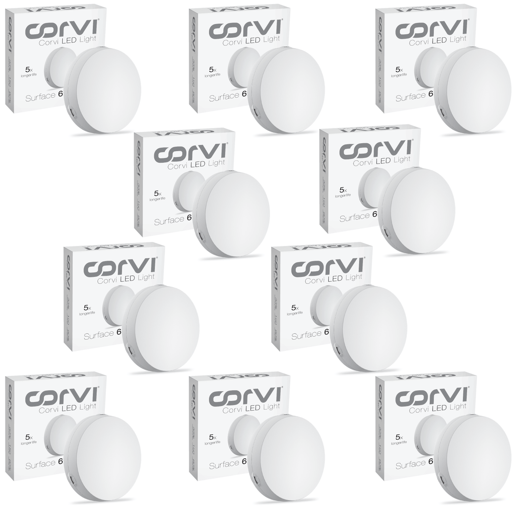 CORVI LED Surface 6 Round 15W | Dimmable & Driverless Ceiling Panel Light | Full Glow, No False Ceiling Required | Slim & Compact | Warm White 3000K (Pack of 10)