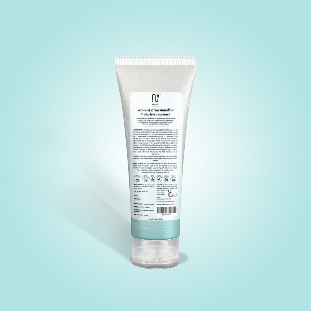Nuuv Essential - Waterless Face Wash | Rinse-Free Cleanser | Seaweed, Aloe, Marshmallow & Hyaluronic Acid | Hydrating | Vegan | Paraben-Free | For All Skin Types | 100ml