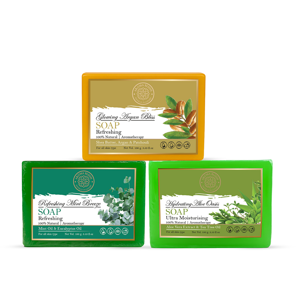 AROMABLUSH Hydrating Aloe Oasis, Refreshing Mint Breeze & Glowing Argan Bliss Combo Soap