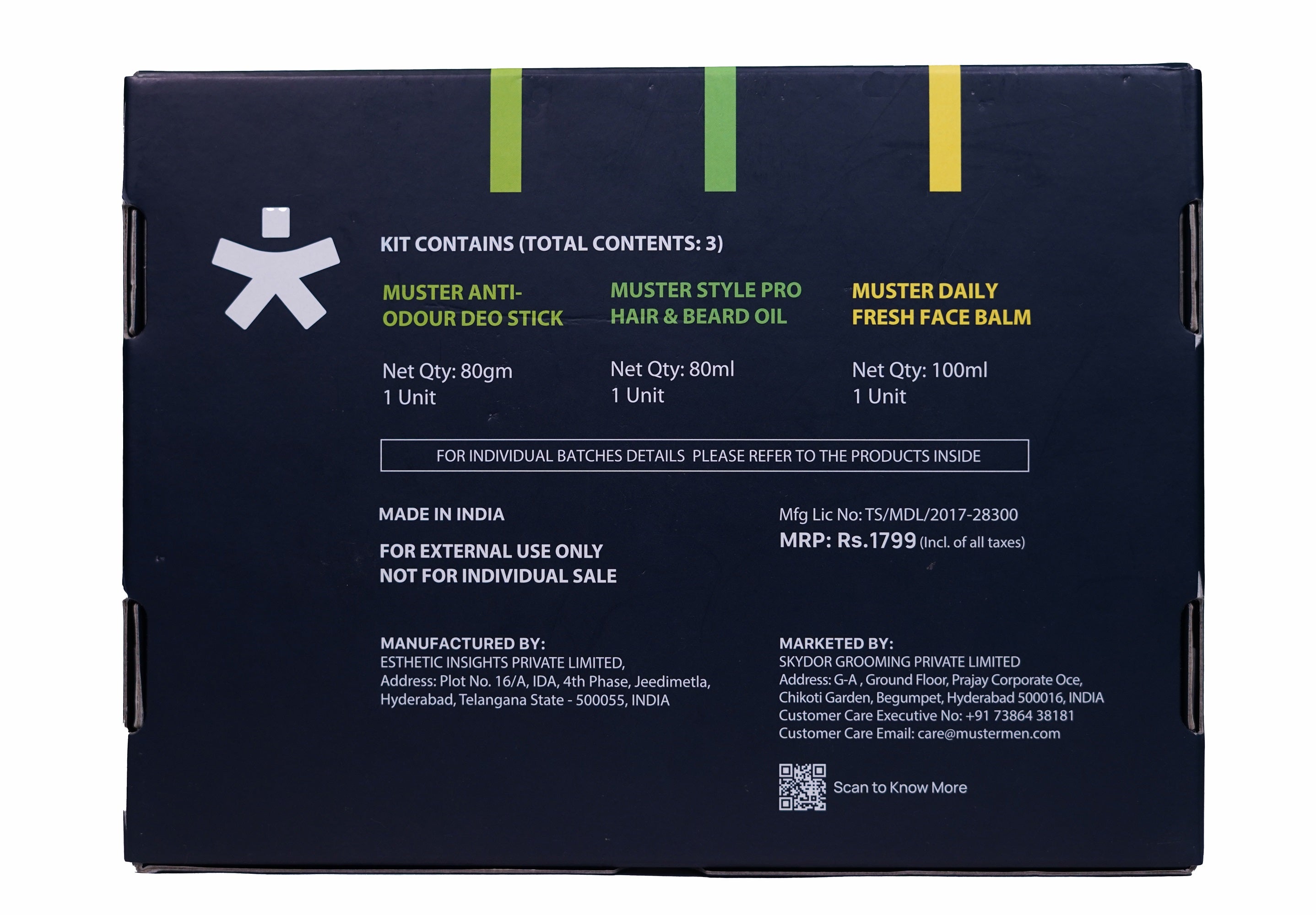 Muster Men Grooming Essentials Gift Box | After Shave Face Balm (100 ml) | Anti-Odour Deo Stick (80 g) | Style Pro Hair & Beard Oil Spray (80 ml) | Premium Grooming Kit for Men | Gift Set for Him